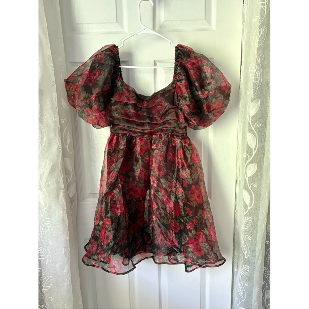 Entro Sheer Floral Puff Sleeve babydoll Mini Dress women size M